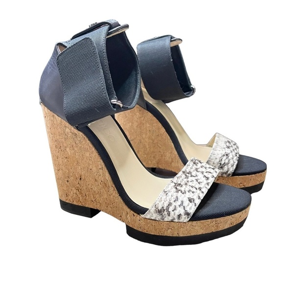 ✨ Jimmy Choo Neston Snakeskin Cork Wedge Sandals Velcro Strap Sz 37 ✨